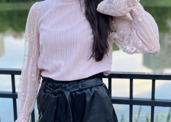 Pink Lace Sleeve Textured Blouse