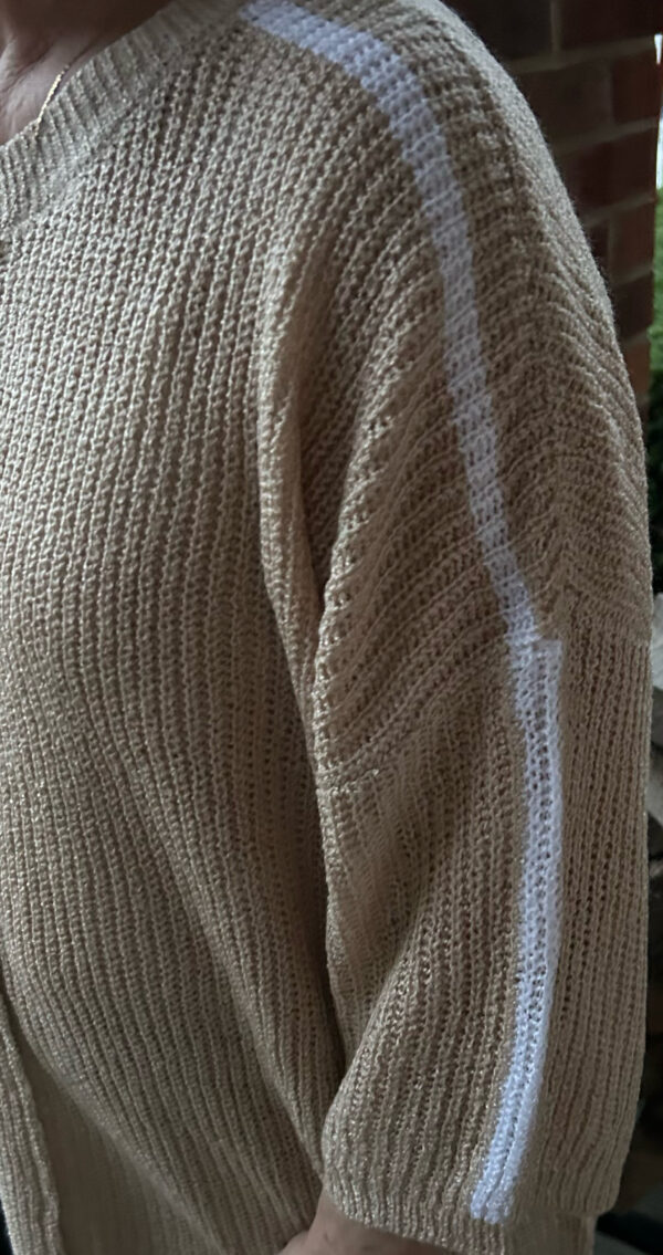 Beige Crew Neck Sweater w/ Striped 3/4 Sleeve - Image 4