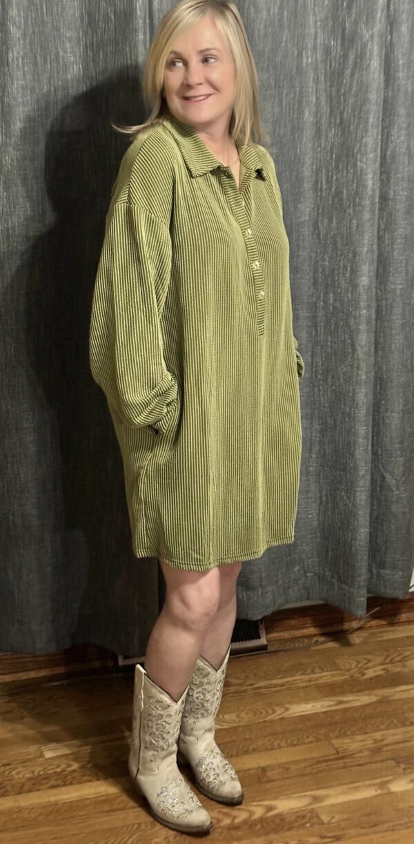 Green Corded Drop Shoulder Shift Dress - Image 3