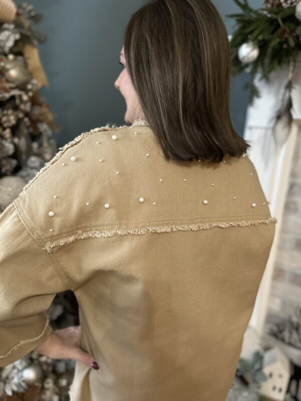 Pearl Beaded, Raw Hem, Tan Denim Jacket - Image 2