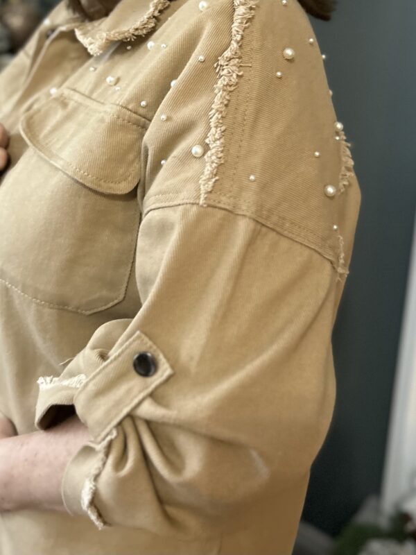 Pearl Beaded, Raw Hem, Tan Denim Jacket - Image 4