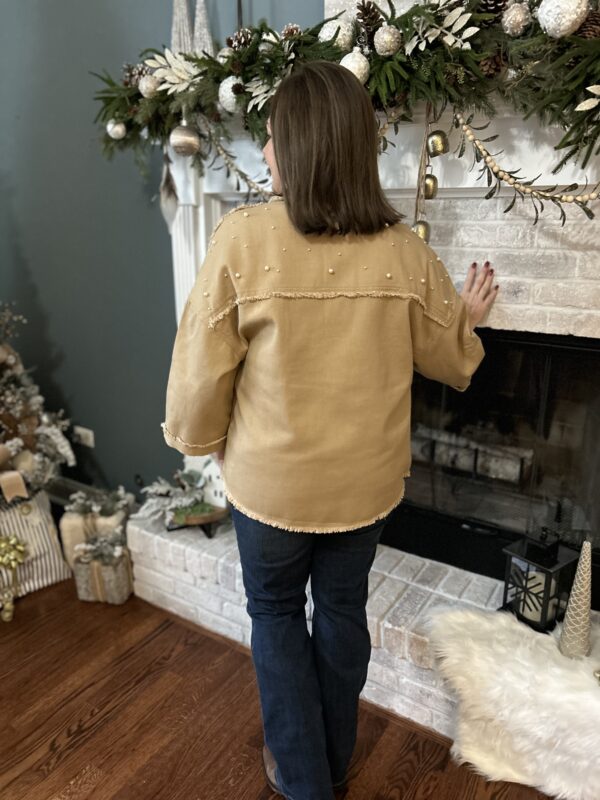 Pearl Beaded, Raw Hem, Tan Denim Jacket - Image 5