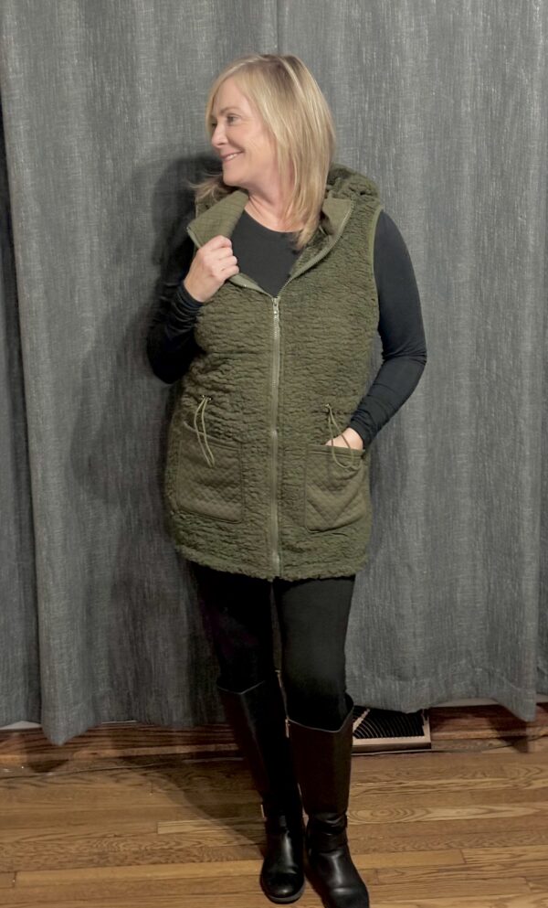 Moss Green Tunic Vest w/ Quilted Side Pockets - Image 2