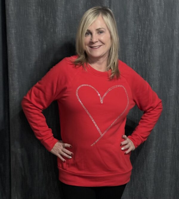 Rhinestone Heart on Red Long Sleeved Sweatshirt