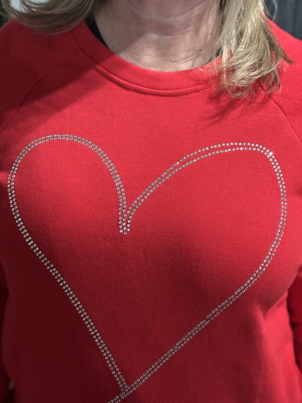 Rhinestone Heart on Red Long Sleeved Sweatshirt - Image 2