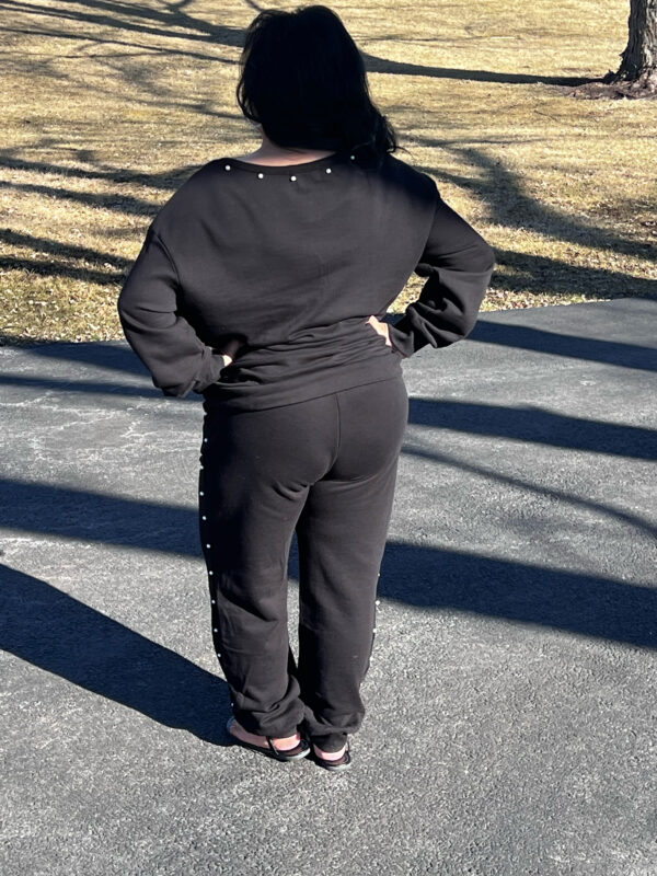 Black Pullover 2-Piece Jogger Set Lined w/ Pearls on Side of Pants and Collar Line - Image 3