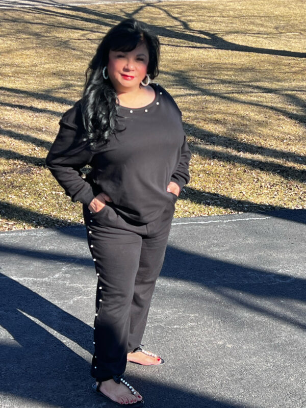 Black Pullover 2-Piece Jogger Set Lined w/ Pearls on Side of Pants and Collar Line