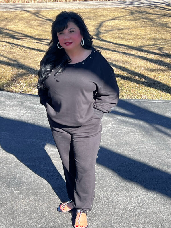 Black Pullover 2-Piece Jogger Set Lined w/ Pearls on Side of Pants and Collar Line - Image 2