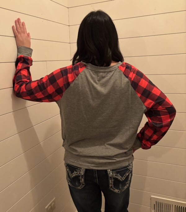 Red Plaid Long  Sleeves On Gray Shirt - Image 2