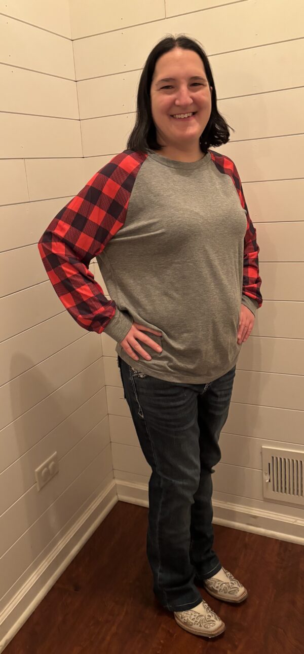 Red Plaid Long  Sleeves On Gray Shirt - Image 4