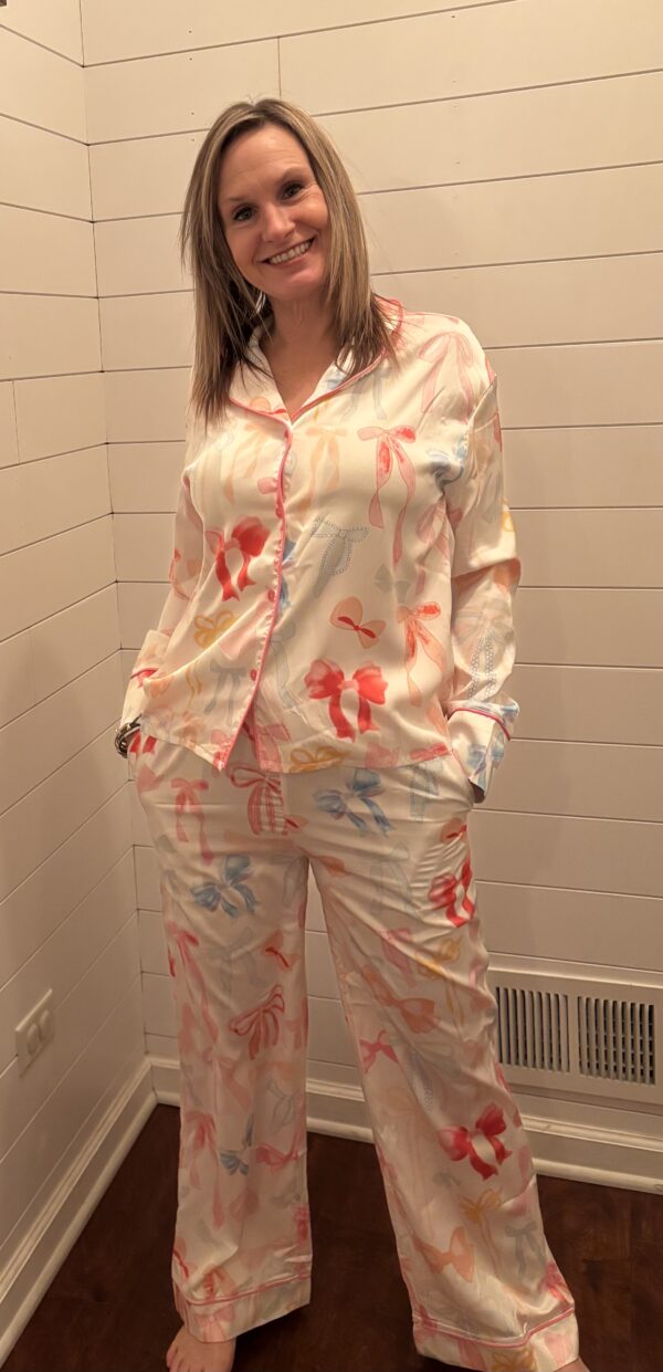 White Bow Print Satin Pajamas