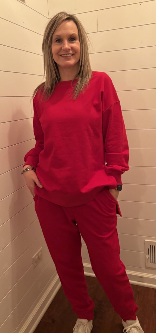 Red High Low Pullover top w/ Skinny Pant Set - Image 2