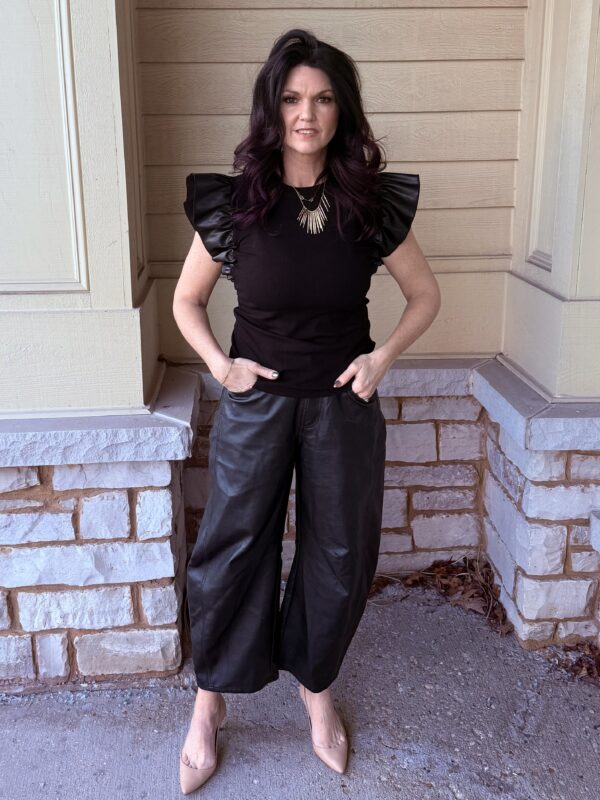 Black Leather Ruffle Sleeve Blouse