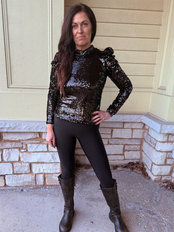 Black Sequin Bubble Sleeve Top w/ Mock Neck