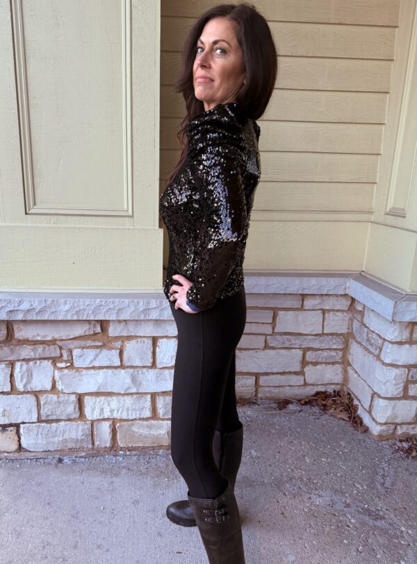 Black Sequin Bubble Sleeve Top w/ Mock Neck - Image 3