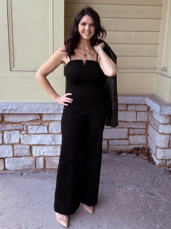 Black Zipper Spaghetti Straped High Waisted Flared Jumpsuit