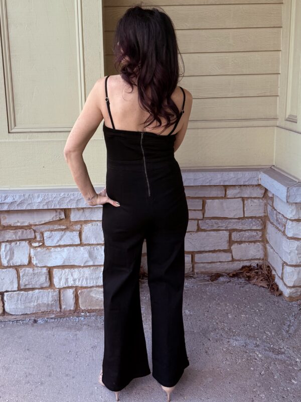 Black Zipper Spaghetti Straped High Waisted Flared Jumpsuit - Image 2