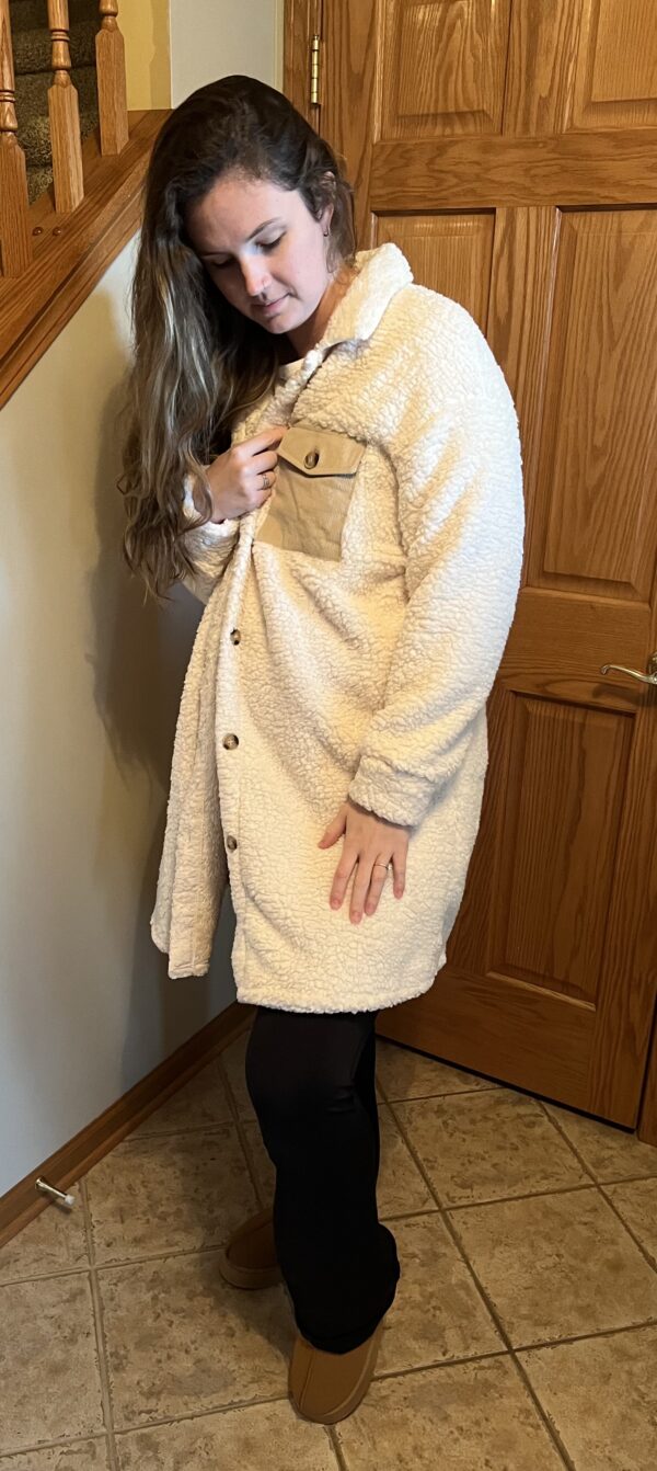 Creme/Beige Flap Pocket Teddy Coat - Image 3