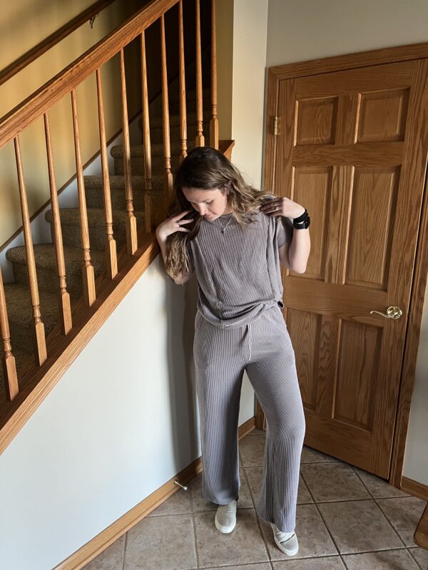 Gray Short Sleeve Corded T-Shirt and Wide Leg Pants Set