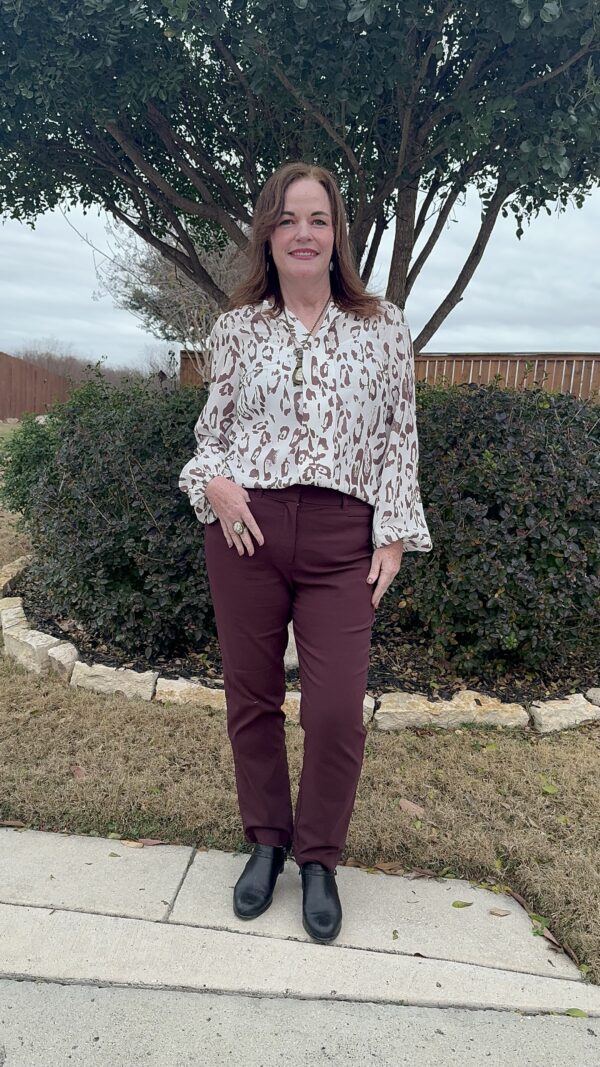 Leopard Print Split Neck Balloon Sleeve Blouse