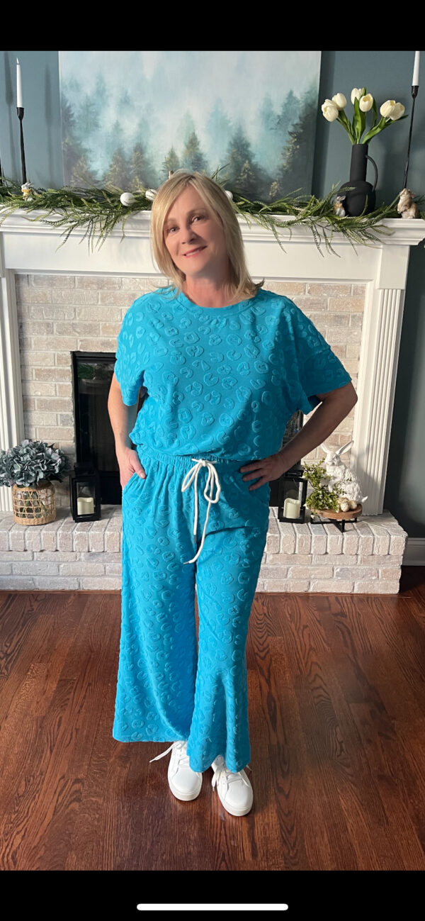 Blue Leopard Short Sleeve Top and Wide Leg Pants Set