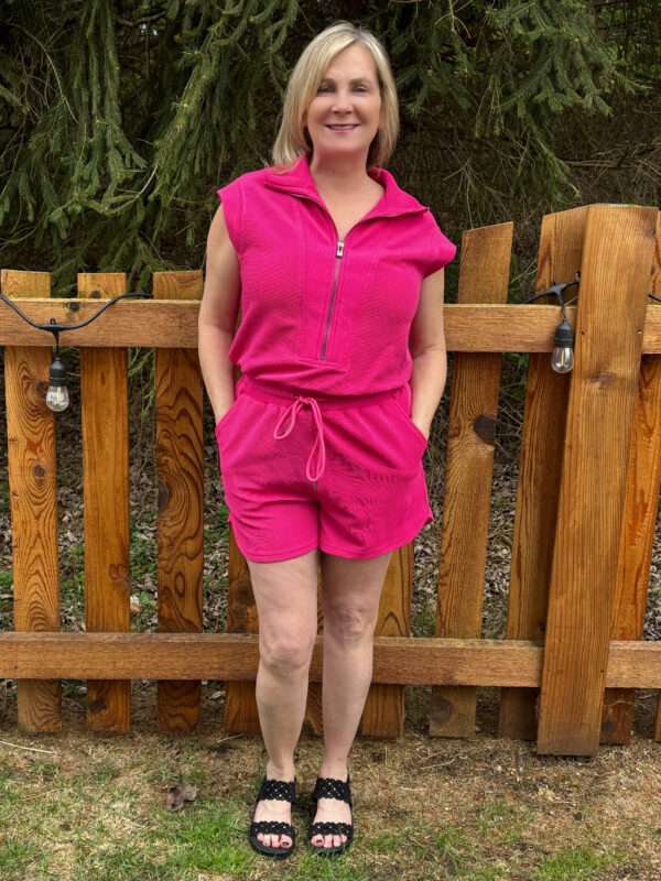 Pink Textured Short Sleeve Drawstring Romper