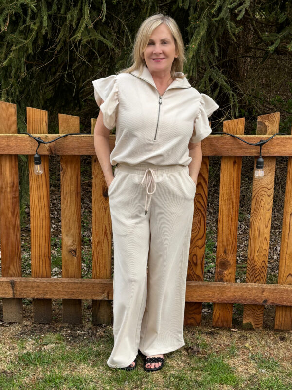 Tan Textured Ruffled Sleeve and Wide Leg Pants Set