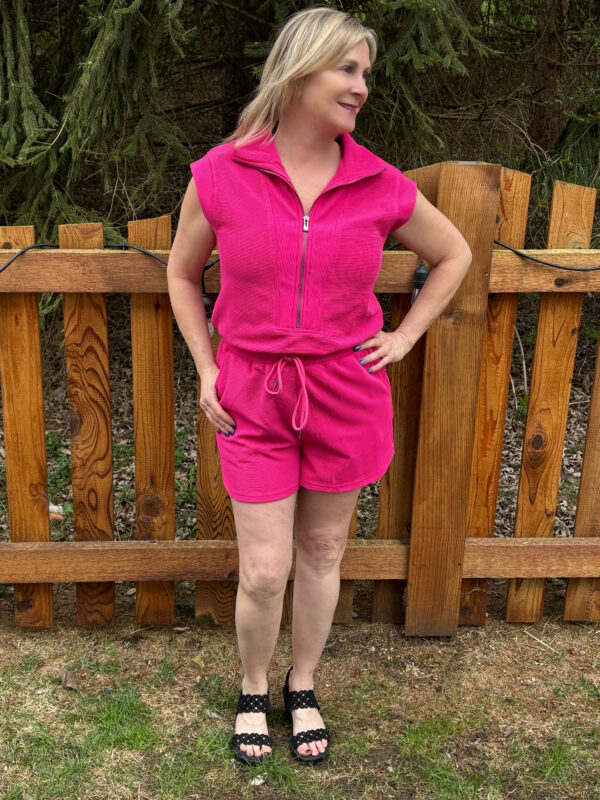Pink Textured Short Sleeve Drawstring Romper - Image 2