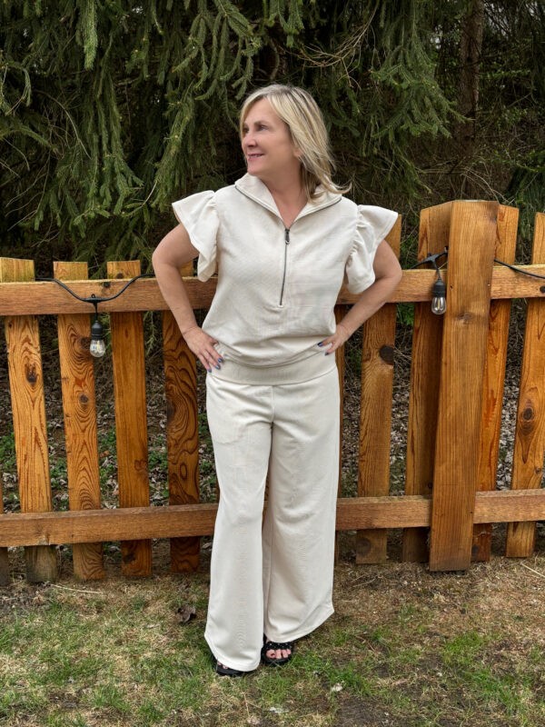 Tan Textured Ruffled Sleeve and Wide Leg Pants Set - Image 2