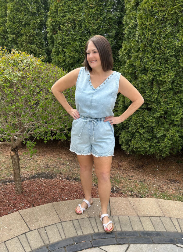 Blue Studded V Neck Raw Hem Denim Romper