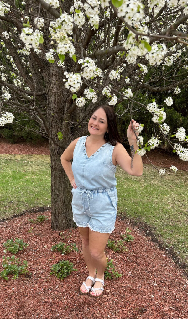 Blue Studded V Neck Raw Hem Denim Romper - Image 2
