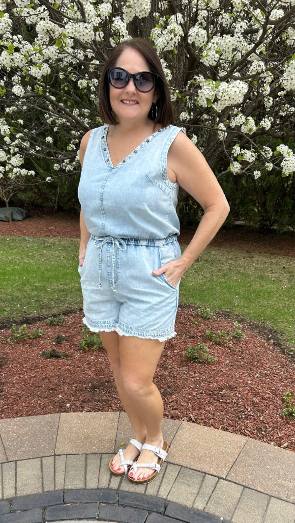 Blue Studded V Neck Raw Hem Denim Romper - Image 5