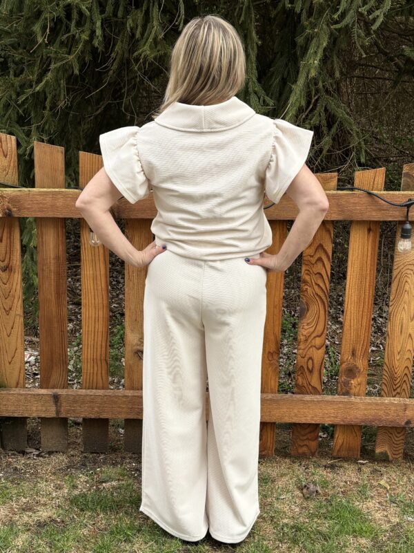 Tan Textured Ruffled Sleeve and Wide Leg Pants Set - Image 3
