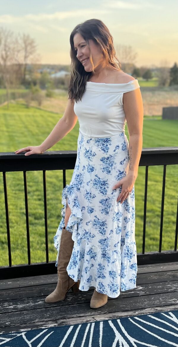 Blue Floral High Waist Split Maxi Skirt