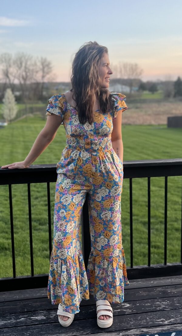 Floral Print Shirred Cut Out High Waist Jumpsuit