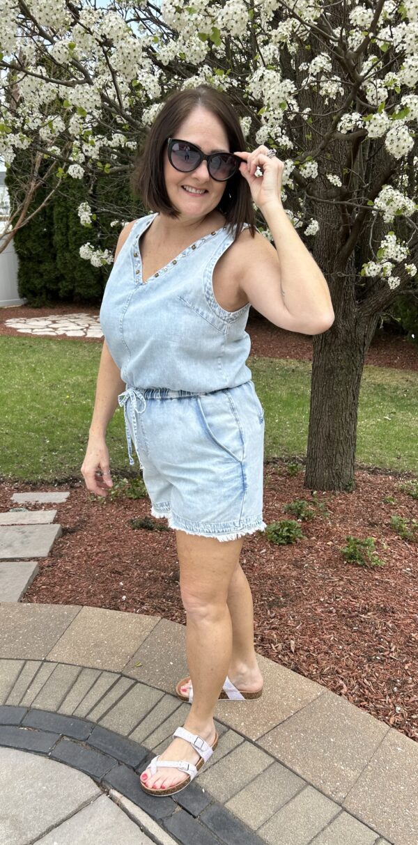Blue Studded V Neck Raw Hem Denim Romper - Image 4