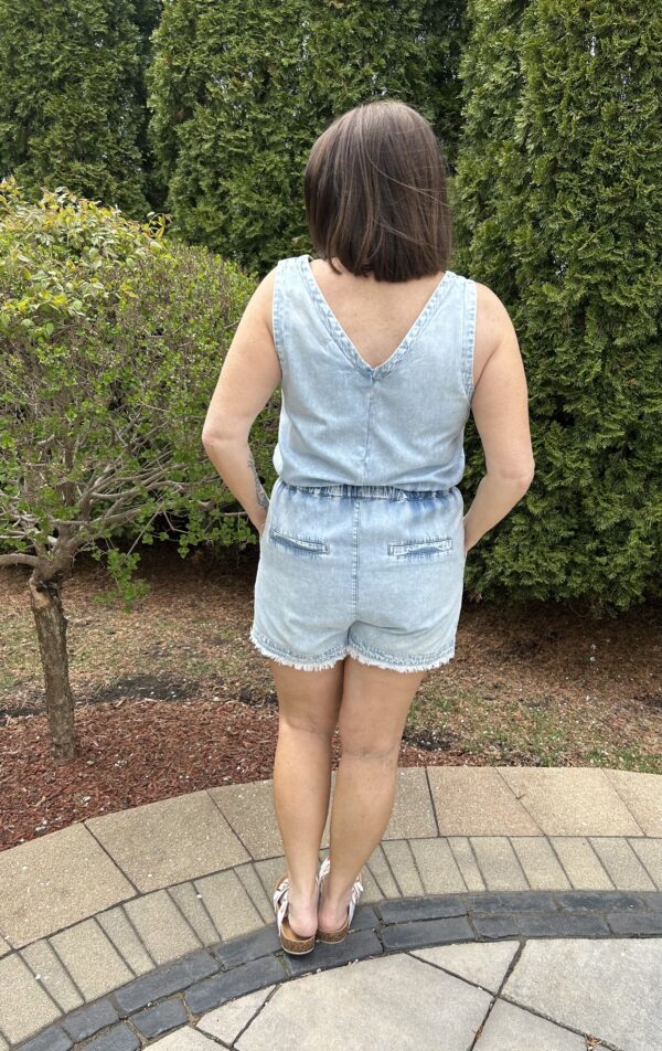 Blue Studded V Neck Raw Hem Denim Romper - Image 3