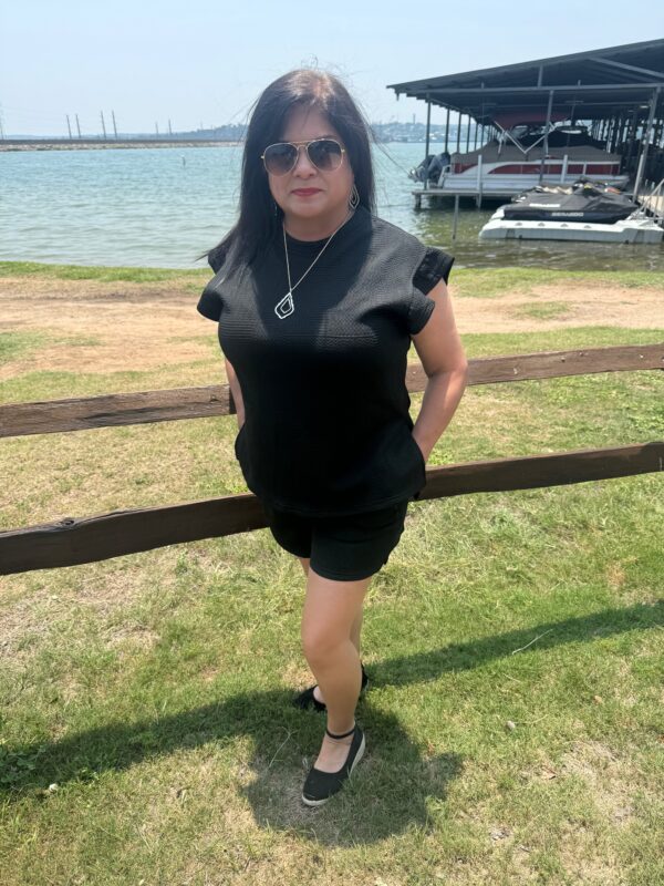 Black Textured Ruffle Top and Drawstring Shorts