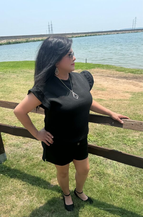 Black Textured Ruffle Top and Drawstring Shorts - Image 3