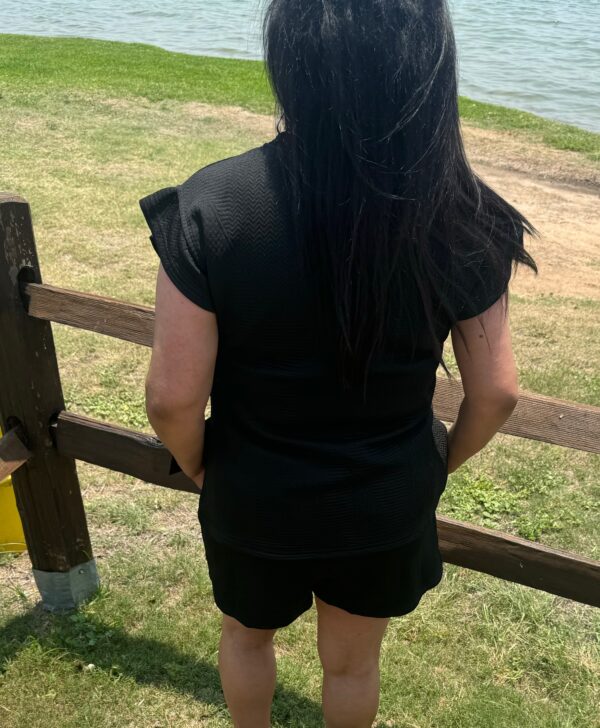 Black Textured Ruffle Top and Drawstring Shorts - Image 2