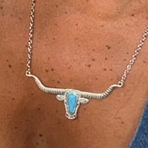 Light Blue Turquoise Steer Head Pendant Chain Necklace