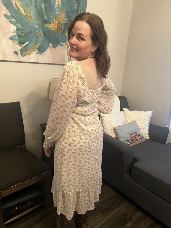 White Floral Print Square Neck Midi Dress - Image 2