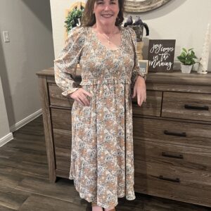 Khaki Floral Puff Sleeve Long Dress