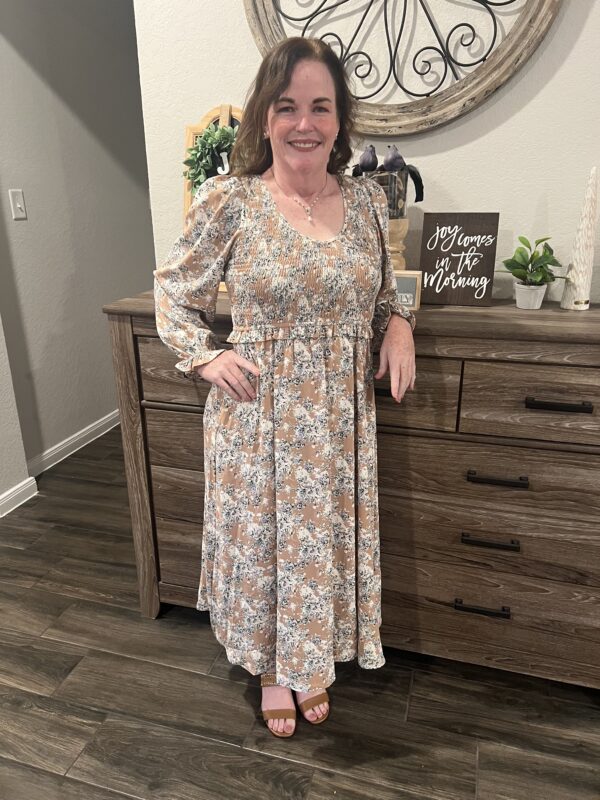Khaki Floral Puff Sleeve Long Dress