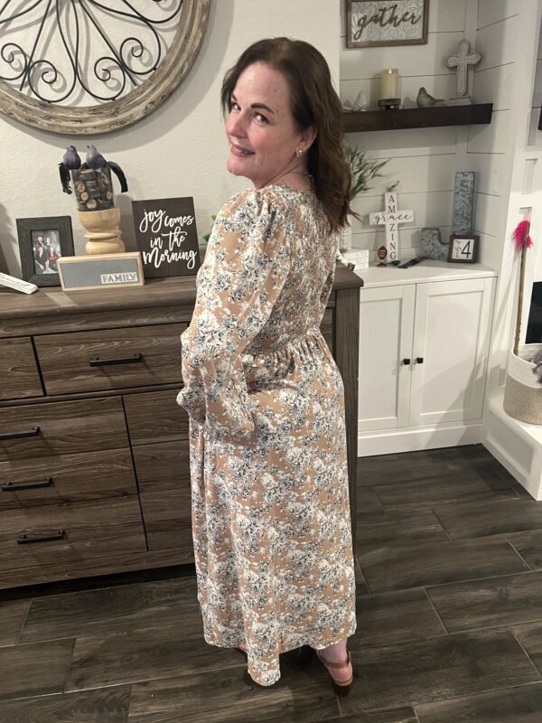 Khaki Floral Puff Sleeve Long Dress - Image 3