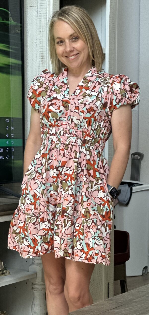 Floral Print Puff Sleeve Shirred High Waist Mini Dress - Image 2