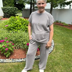 Corded Knit Short Sleeve T Shirt and Wide Leg Pant Set