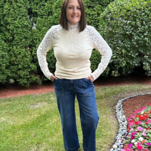 Beige Floral Lace Long Sleeve High Neck Slim Top