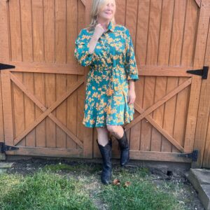 Green/Orange Floral Print Drawstring Tunic Flowy Short Dress