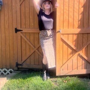 Brown Leopard Denim Split Mid Skirt